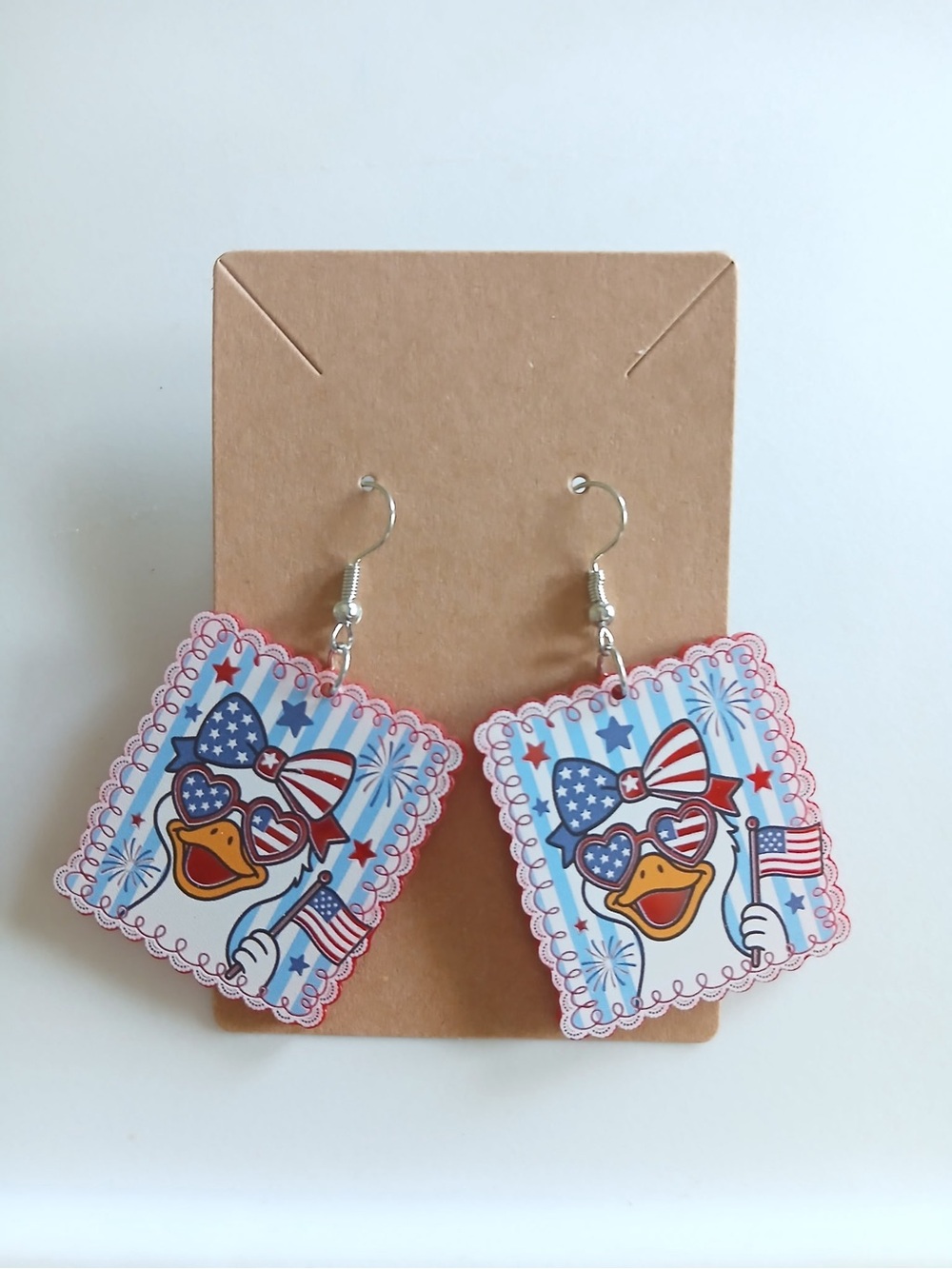 Fashion Jewelry Patriotic Duck Earrings - Red, White, Blue